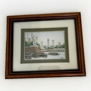 Loy Chye Chuan 3D Merlin Singapore Skyline 5x4” Wood frame Picture
